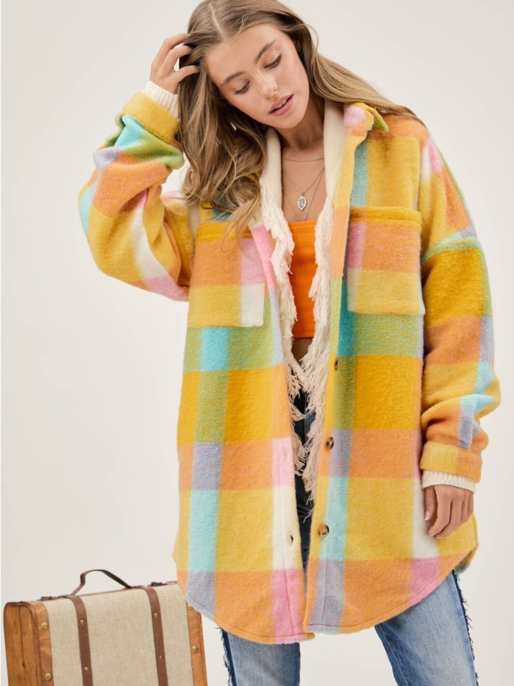 Davi & Dani Vibrant Fuzzy Plaid Oversized Shacket Jacket Size L